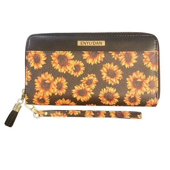 Sunflower Wallet Wristlet Black Orange Yellow 4.5”x8” Gold Hardware NEW - Picture 1 of 4